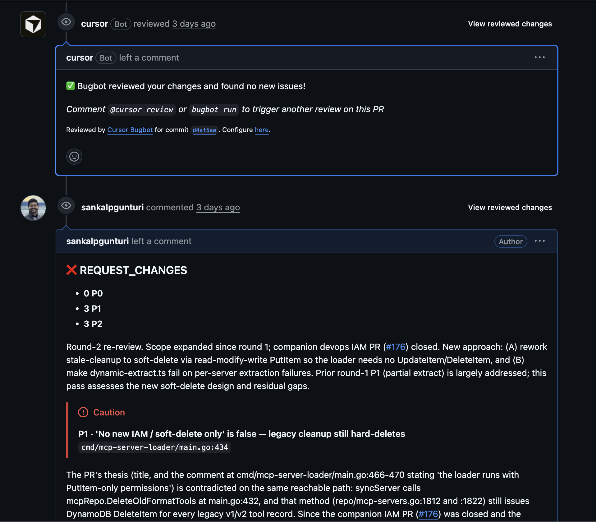 BugBot's green check, found no new issues, posted directly above the ensemble's REQUEST_CHANGES with three P1 findings on the same commit.