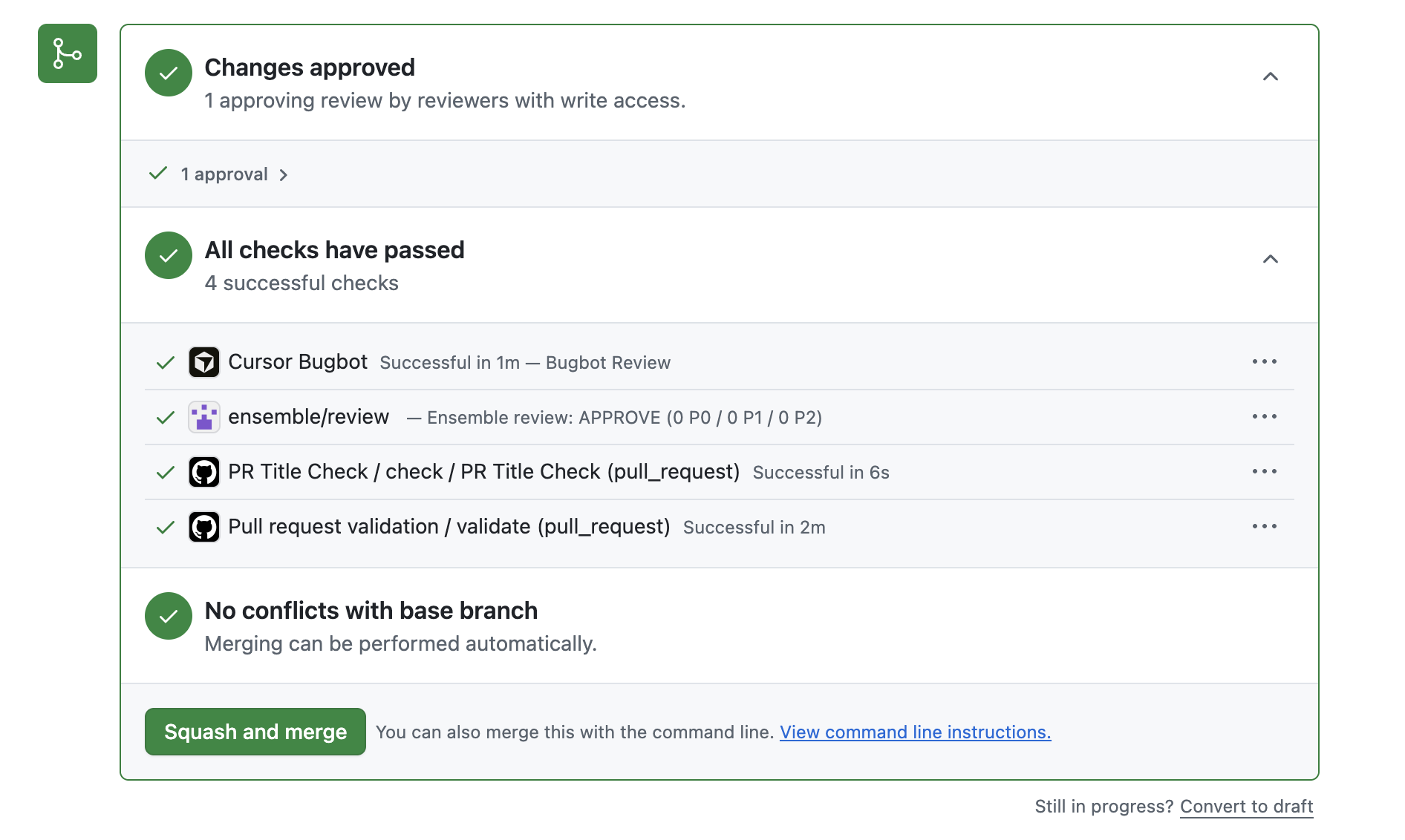 The GitHub merge box: Cursor Bugbot and ensemble/review checks passing side by side among the required checks.