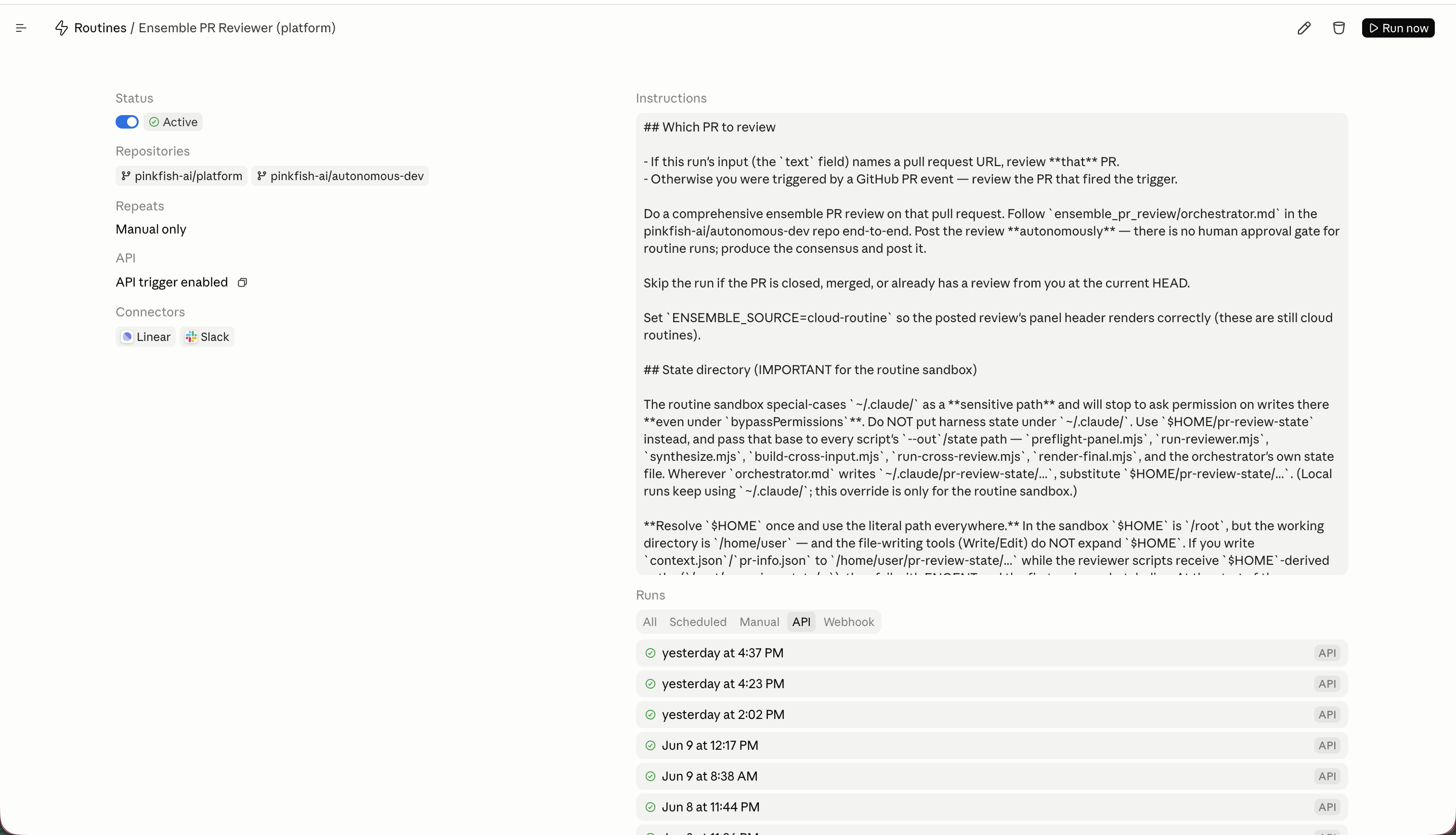 The Ensemble PR Reviewer routine configuration: instructions, repositories, API trigger enabled, and a list of recent runs.