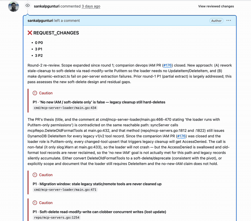 Scrolling through the Case 2 review: REQUEST_CHANGES with three P1 findings, each with a caution block and file citation.