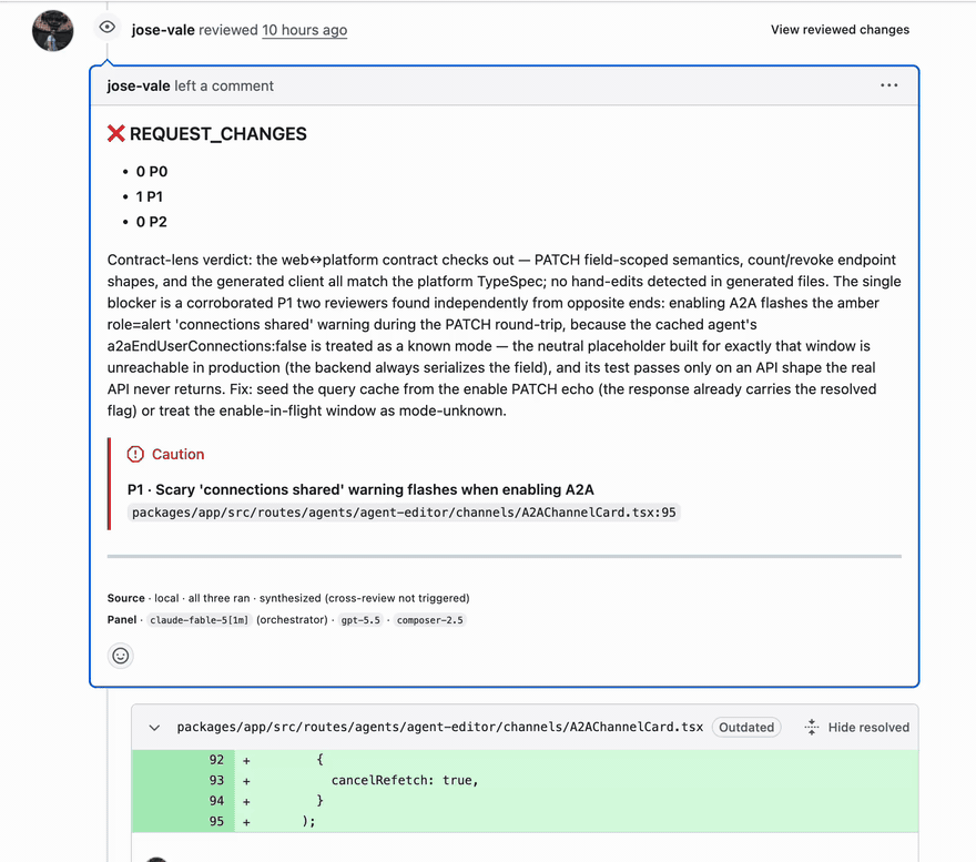 Scrolling through a posted ensemble review: REQUEST_CHANGES verdict, P0/P1/P2 counts, a P1 finding with a caution block, and the panel byline.