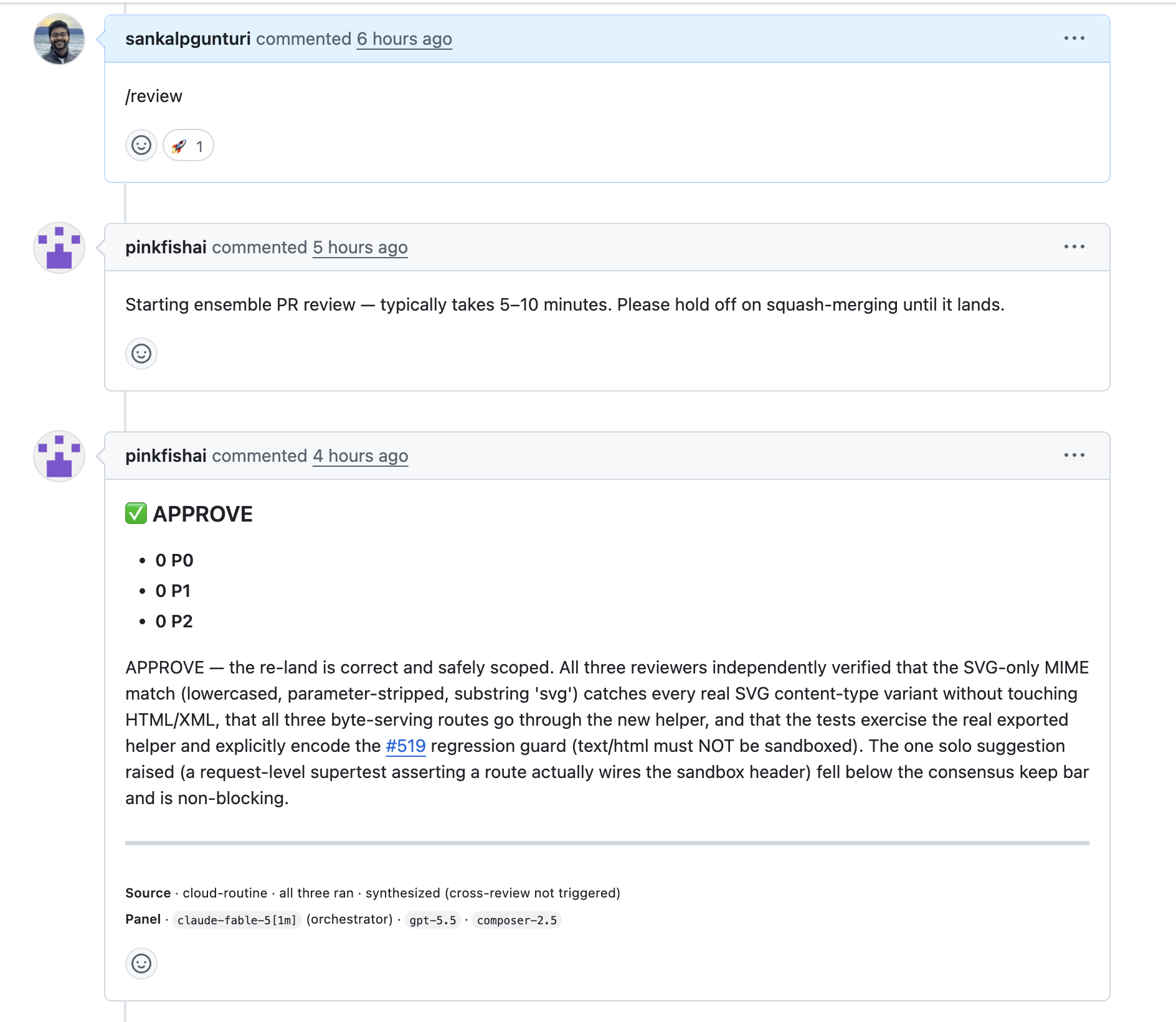 A developer comments /review, the bot replies that the ensemble review has started, and the APPROVE verdict posts with the panel byline.