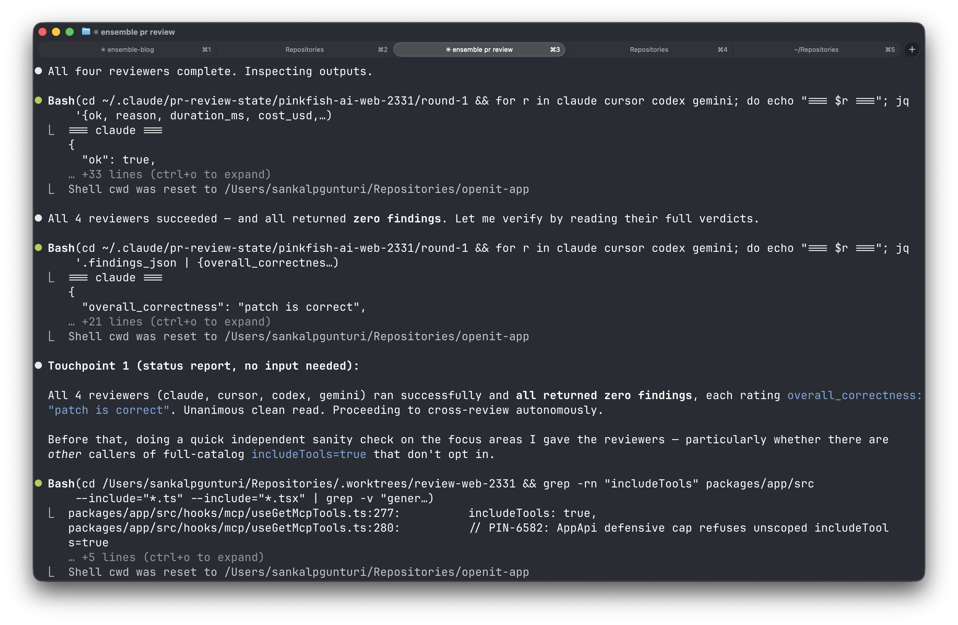 A local ensemble run in the terminal: the orchestrator reports all reviewers complete, inspects each reviewer's JSON output, and proceeds to cross-review.